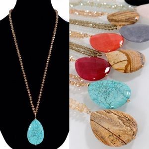 NATURAL STONE TEARDROP PENDANT GLASS BEAD necklace